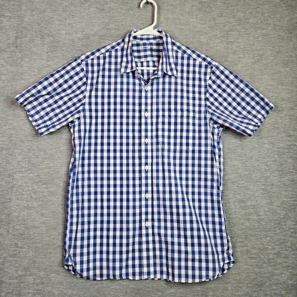 MUJI Button Up Blue White Check Plaid Short Sleeve Minimal Casual Shirt Size S